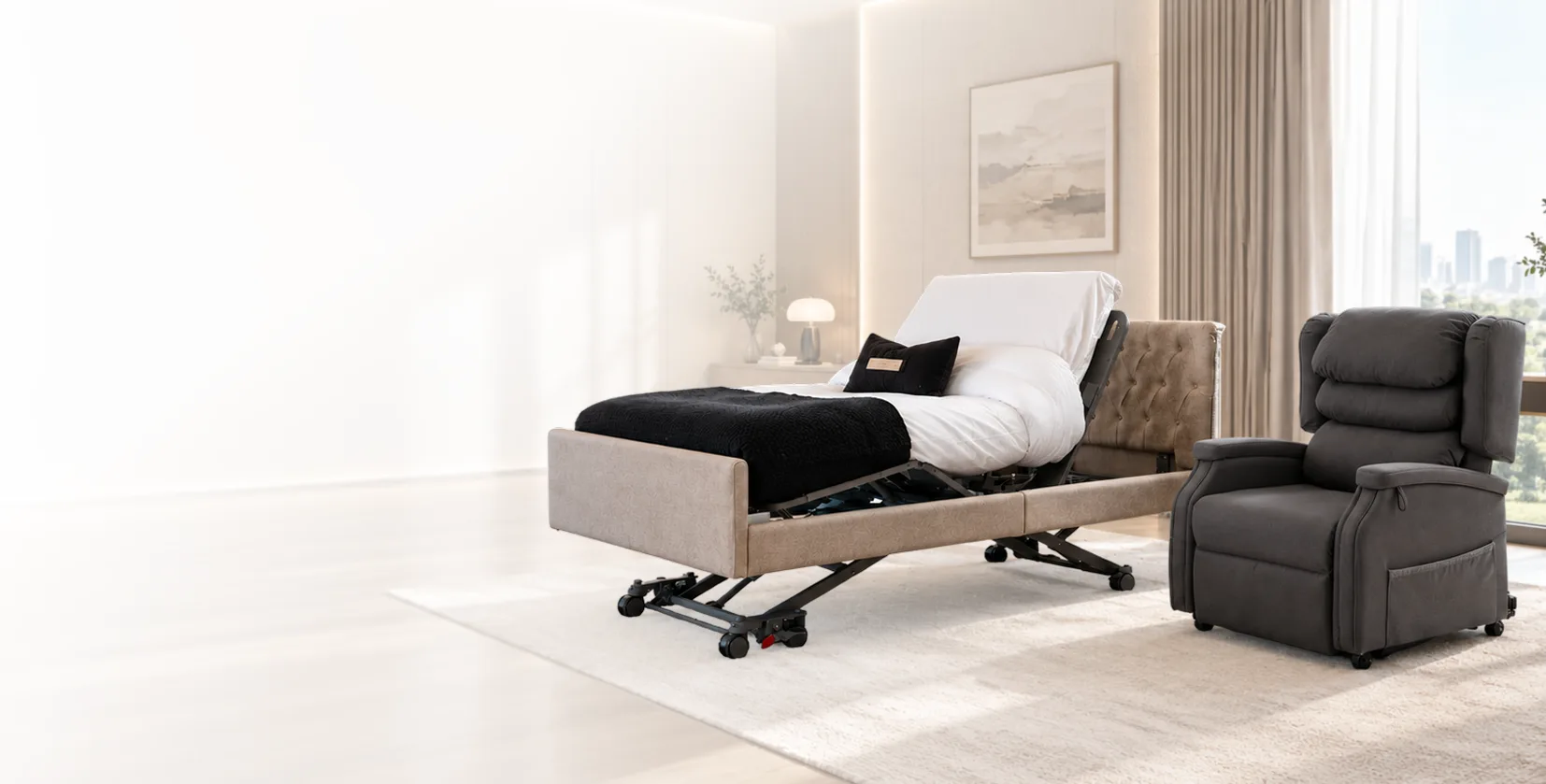 Adjustable bed and lift chair in a bright bedroom